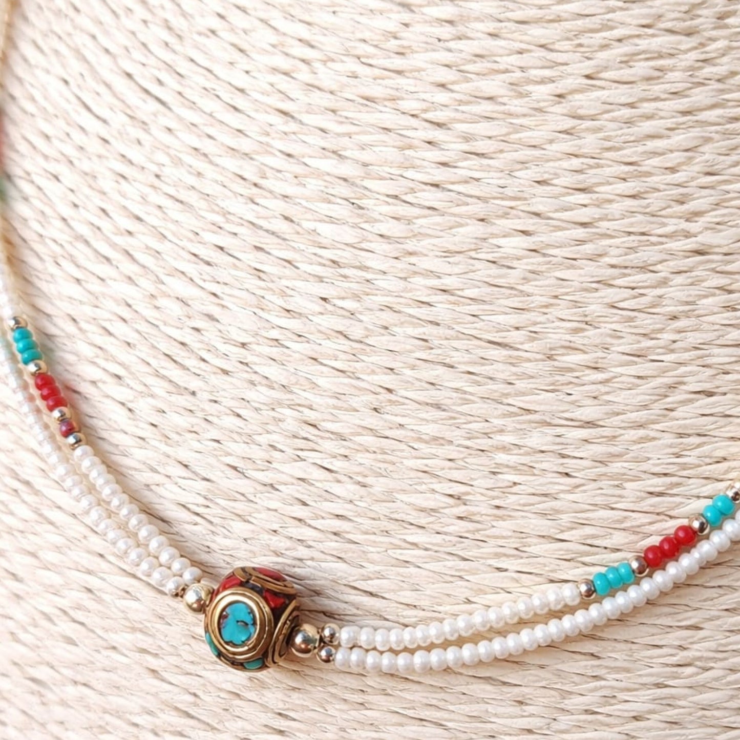 Collar Nepalí Extrafino Dos Vueltas · Perla & Turquesa | Joya Artesanal del Himalaya