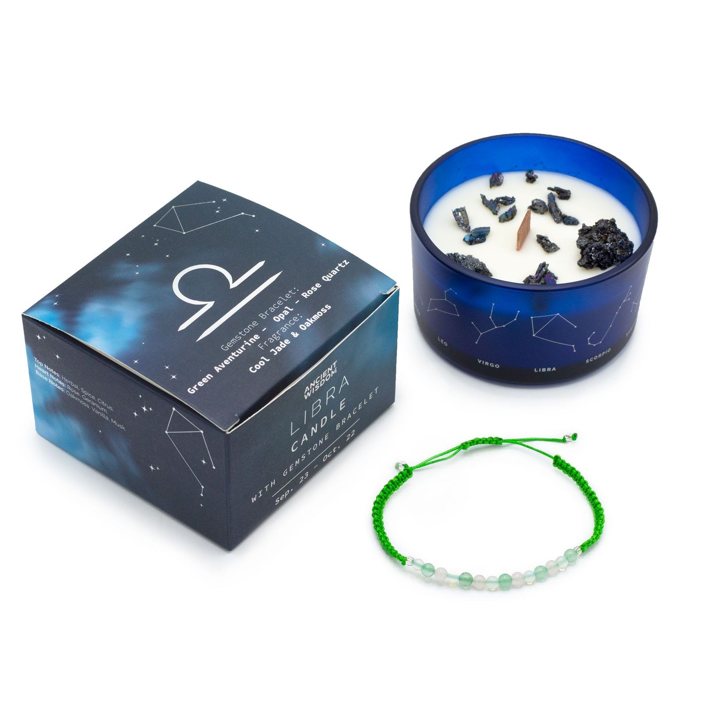 Vela de Cristal del Zodiaco con Pulsera de Piedras Naturales – Libra
