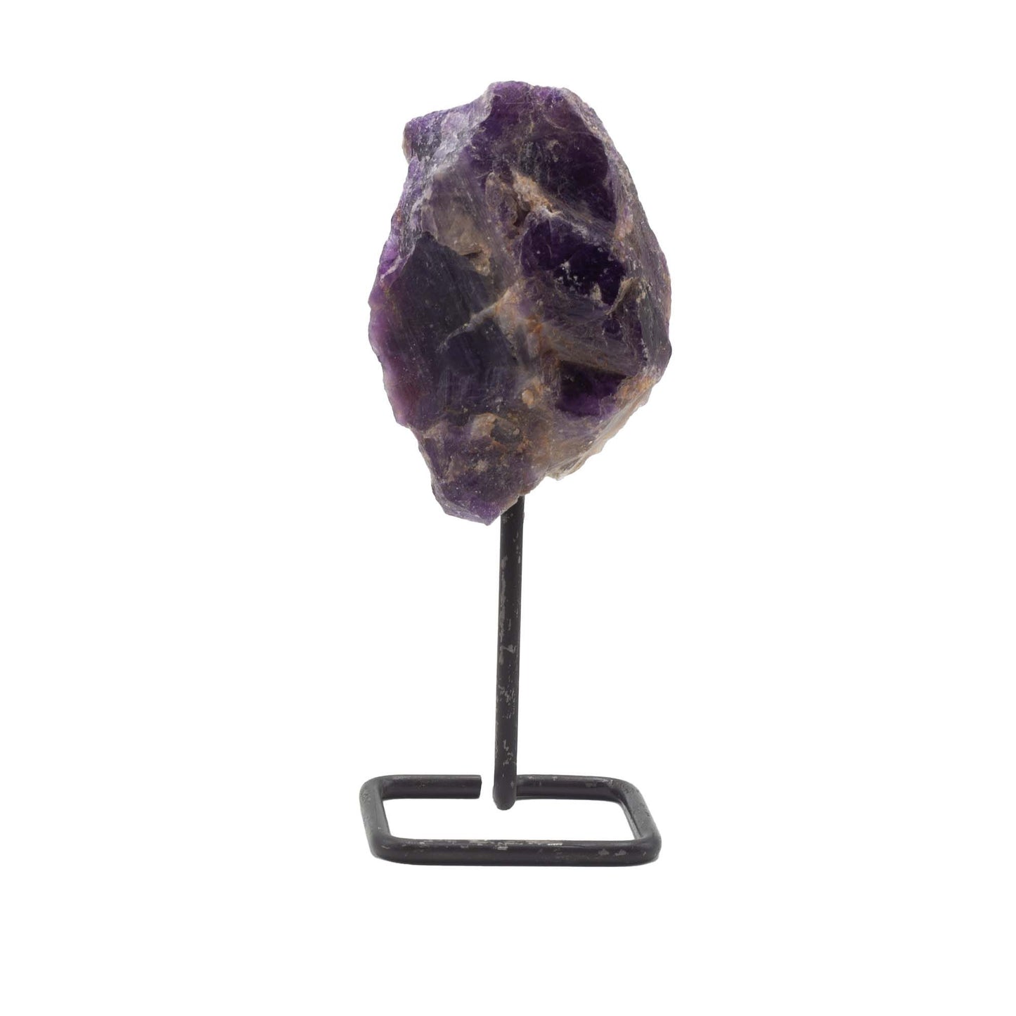 Mineral natural de amatista con soporte metálico negro para decoración espiritual y coleccionismo mineral