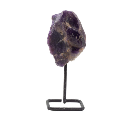 Mineral natural de amatista con soporte metálico negro para decoración espiritual y coleccionismo mineral