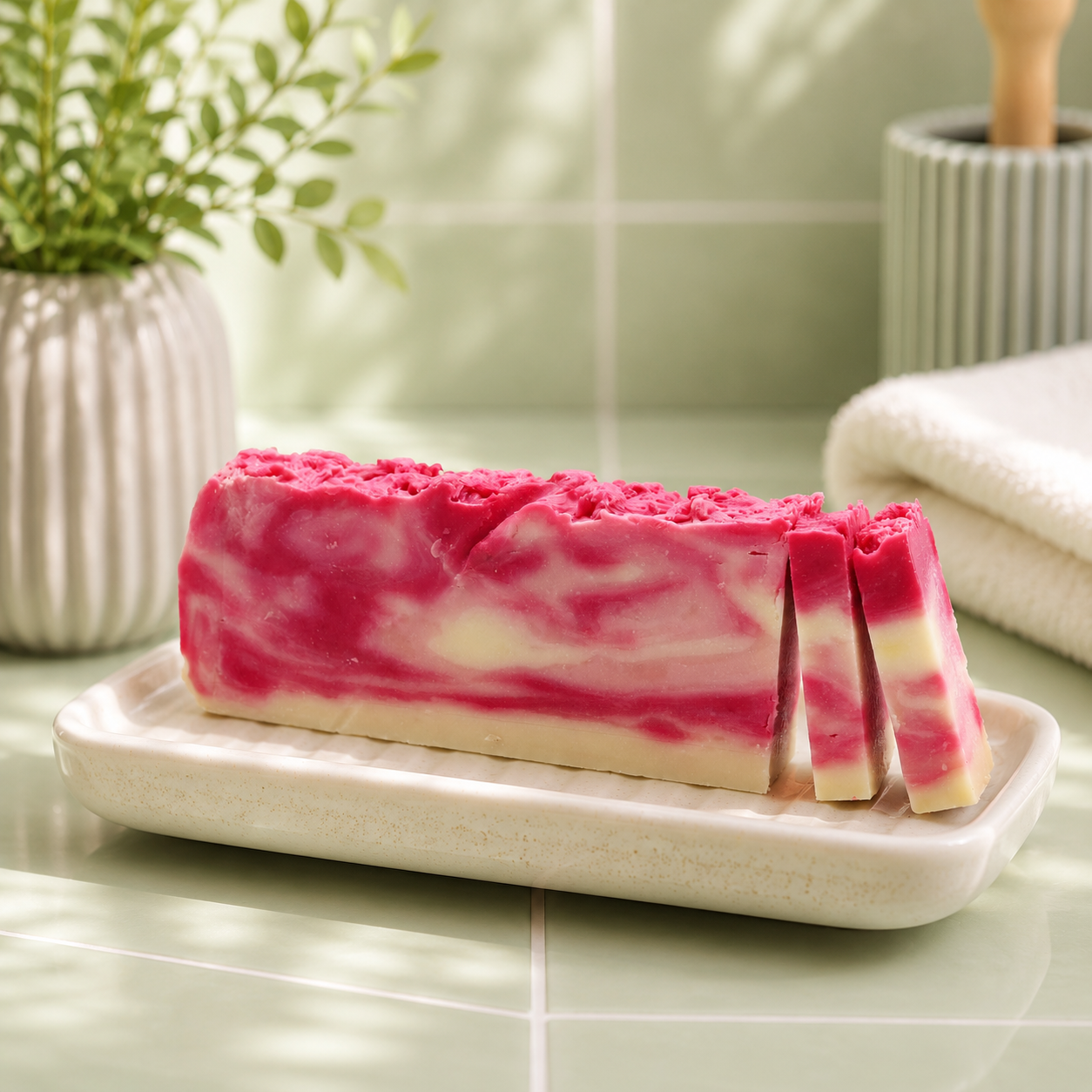 Jabón artesanal de rosa mosqueta con vitaminas A, C y E para una piel radiante y cuidado natural