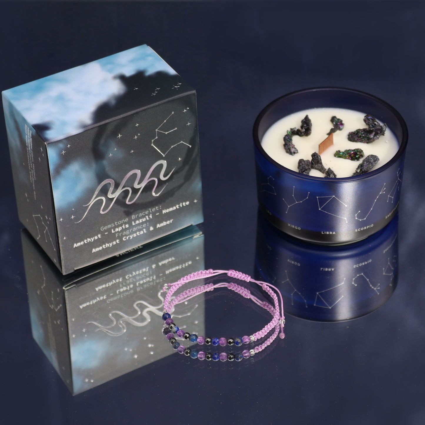 Vela de Cristal del Zodiaco con Pulsera de Piedras Naturales – Acuario