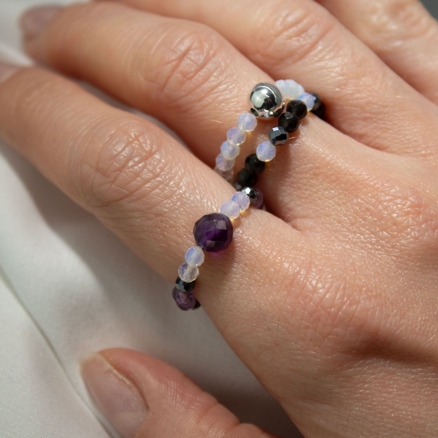 Conjunto de Anillos Luna Llena  Piedra Lunar, Obsidiana Negra y Amatista