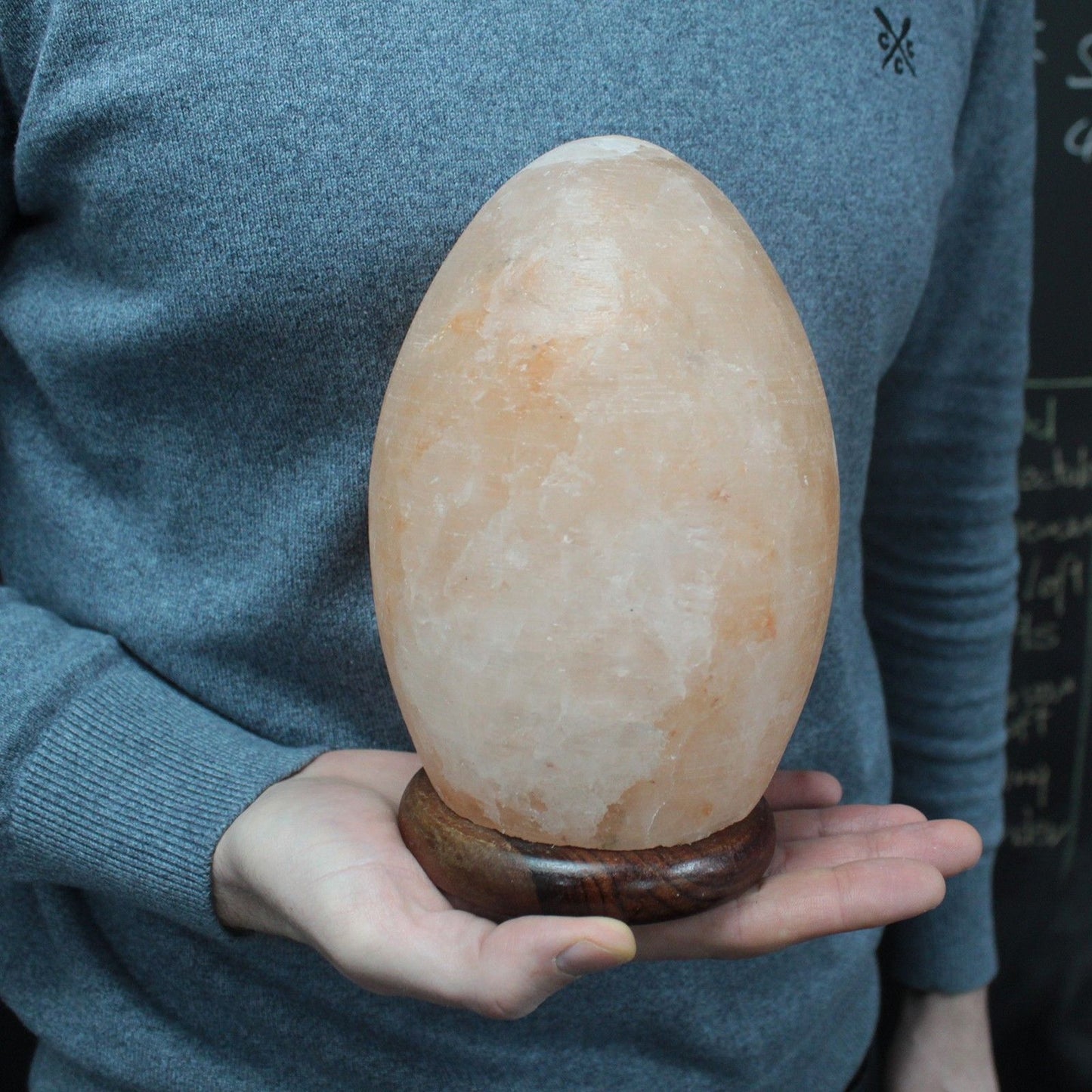 Lámpara de Sal del Himalaya Forma Huevo - Base Madera Natural