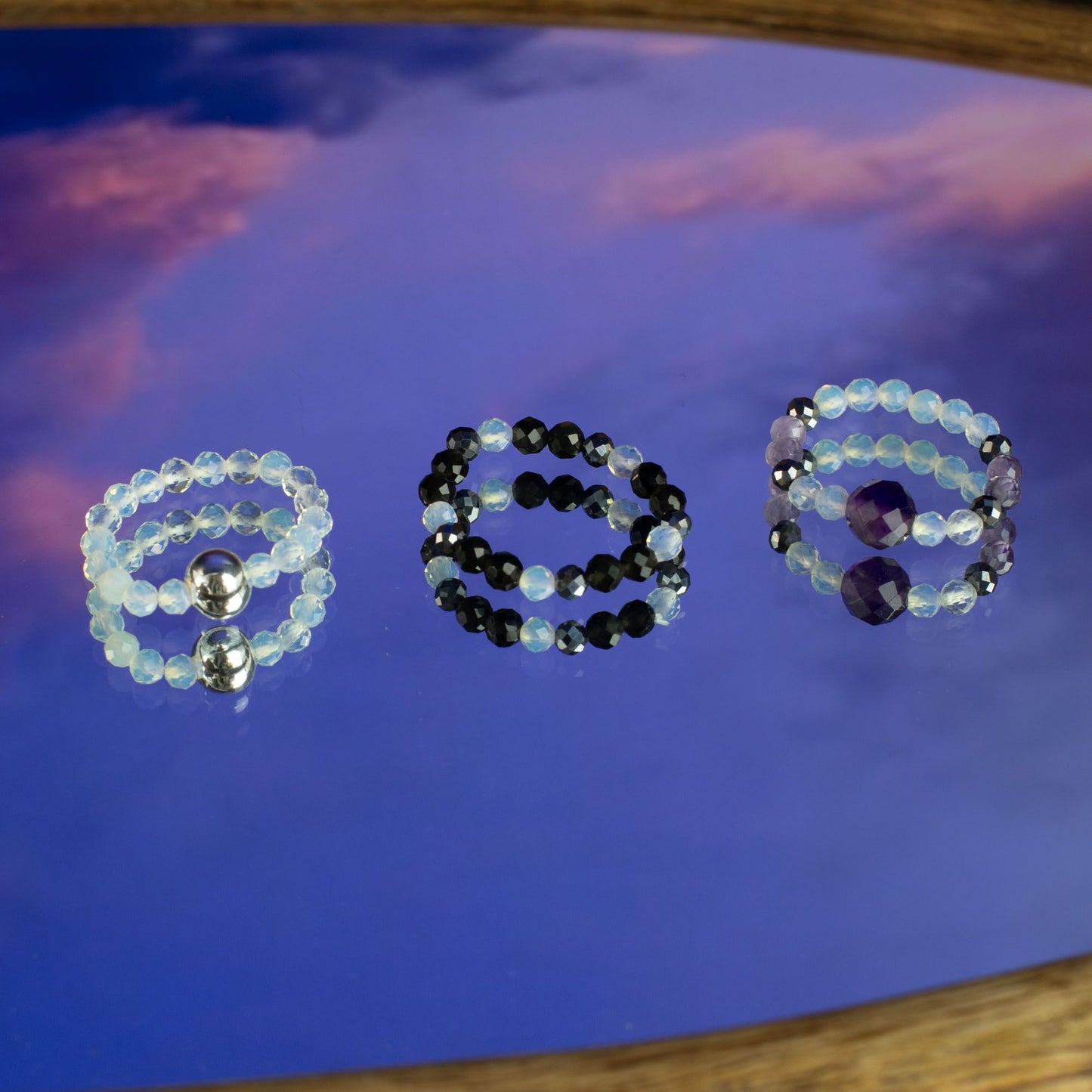 Conjunto de Anillos Luna Llena  Piedra Lunar, Obsidiana Negra y Amatista