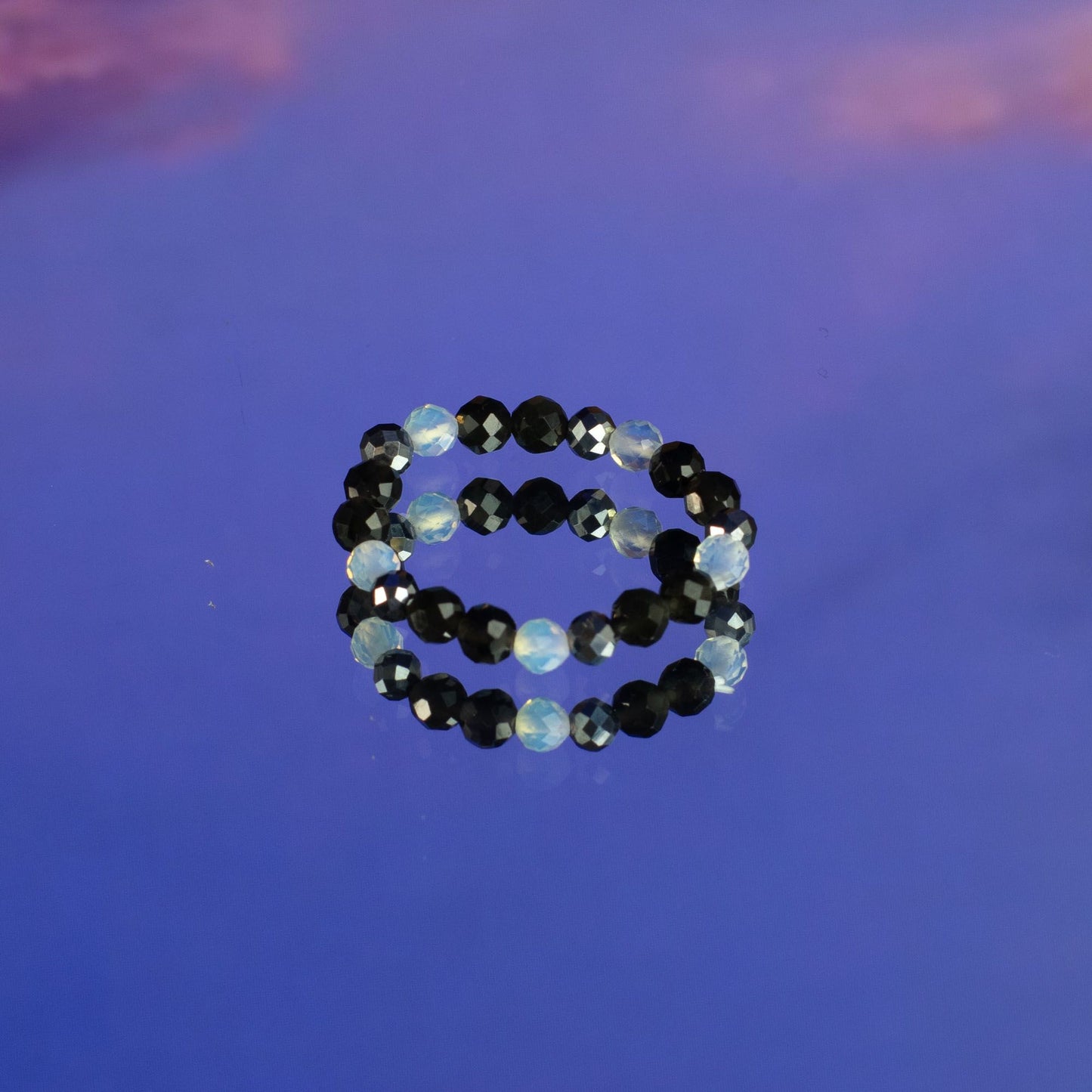 Conjunto de Anillos Luna Llena  Piedra Lunar, Obsidiana Negra y Amatista