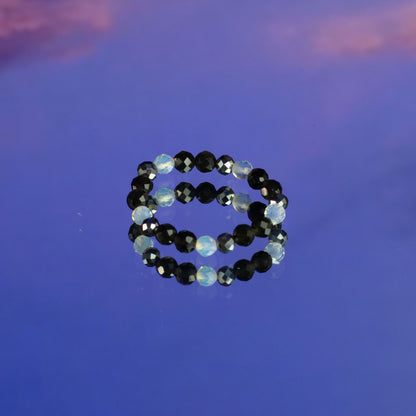 Conjunto de Anillos Luna Llena  Piedra Lunar, Obsidiana Negra y Amatista