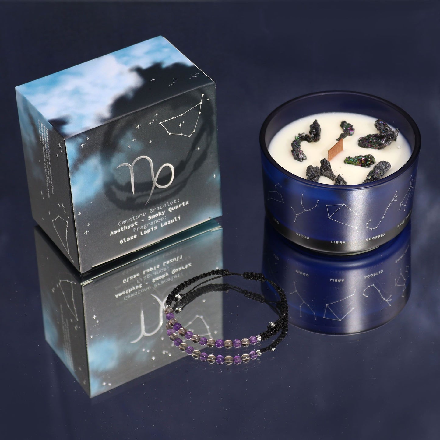 Vela de Cristal del Zodiaco con Pulsera de Piedras Naturales – Capricornio