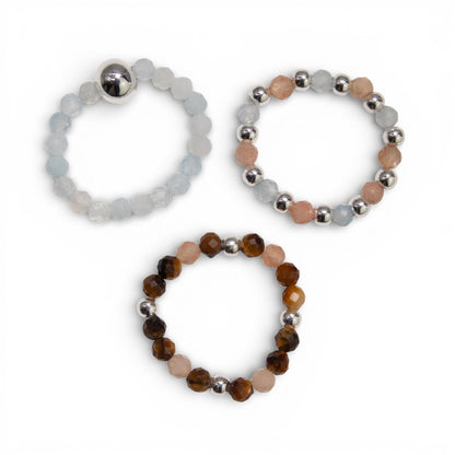 Conjunto de Anillos Puesta de sol marina | Aventurina, Aguamarina y Ojo de Tigre | Anillos Elásticos de Piedras Naturales