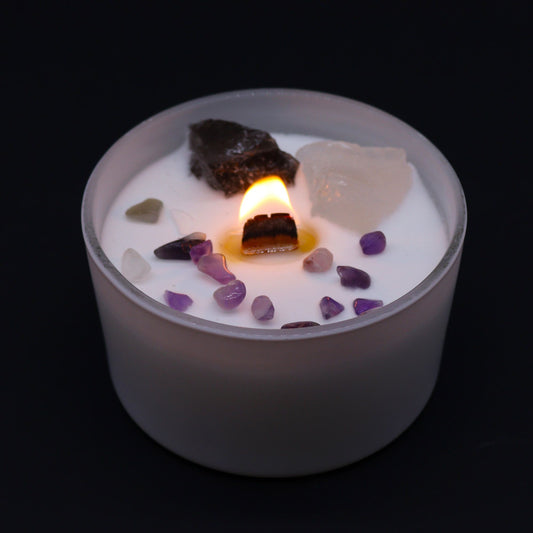 Vela de Cristal de Chakra Corona – Vela Energética con Amatista y Cuarzo de Roca
