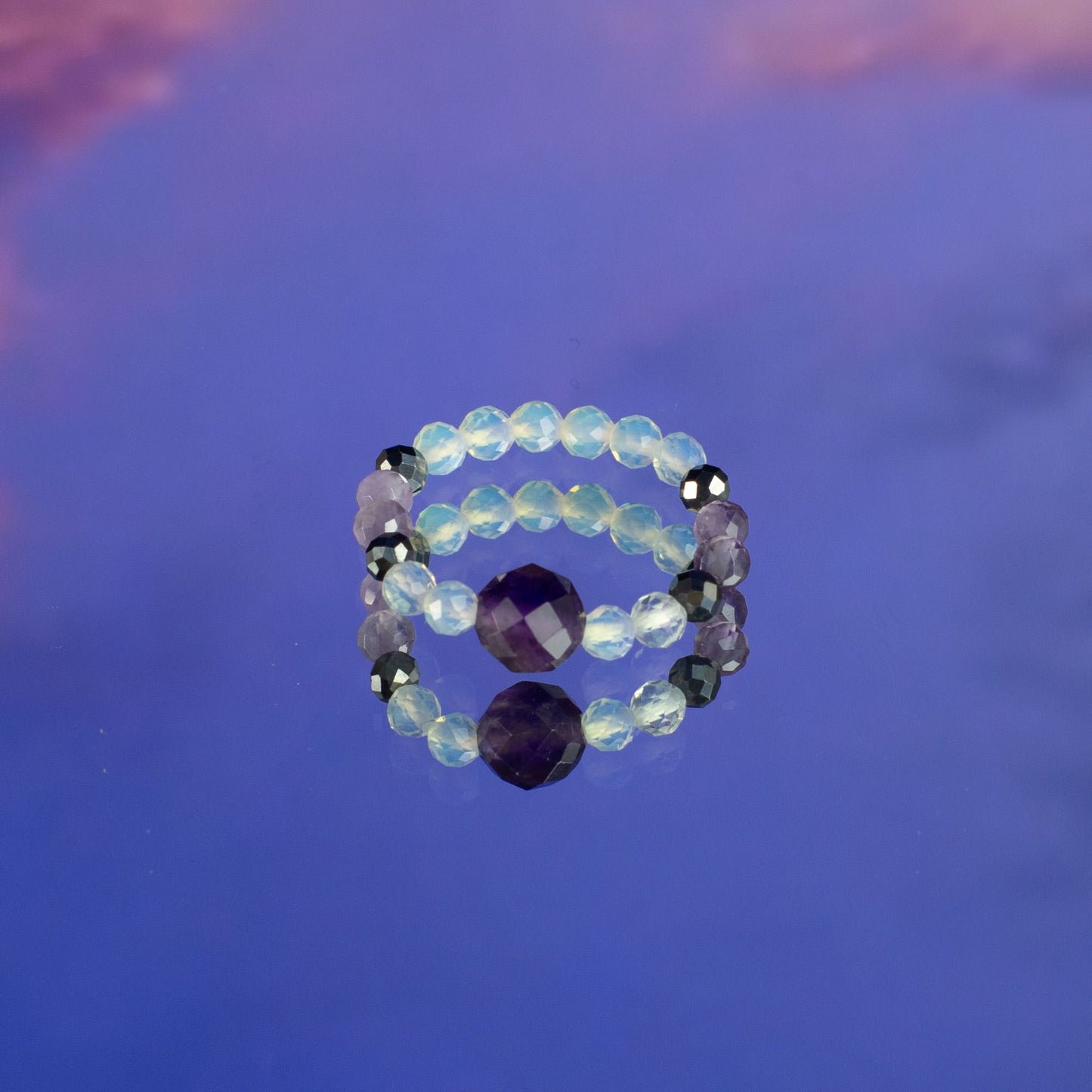 Conjunto de Anillos Luna Llena  Piedra Lunar, Obsidiana Negra y Amatista
