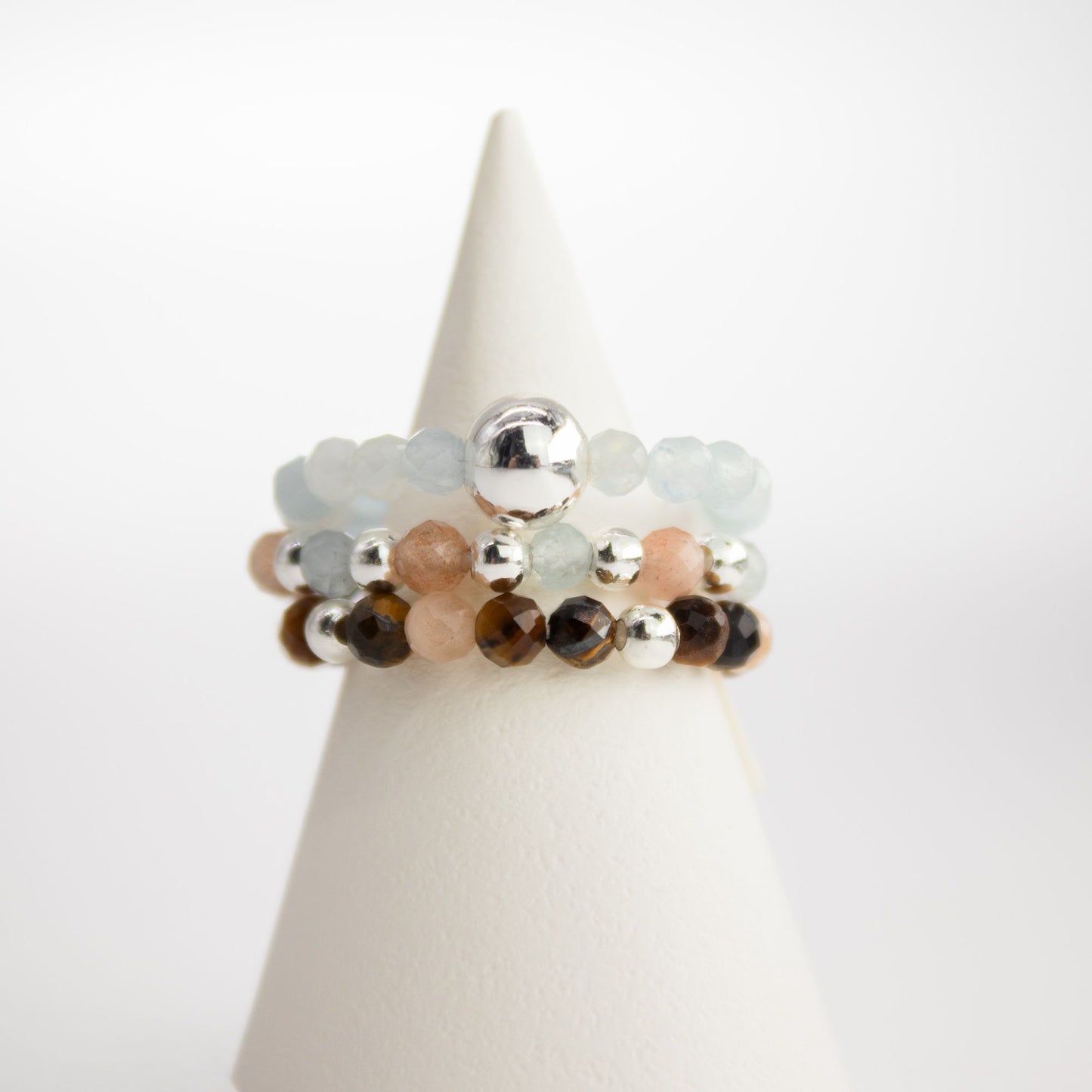 Conjunto de Anillos Puesta de sol marina | Aventurina, Aguamarina y Ojo de Tigre | Anillos Elásticos de Piedras Naturales