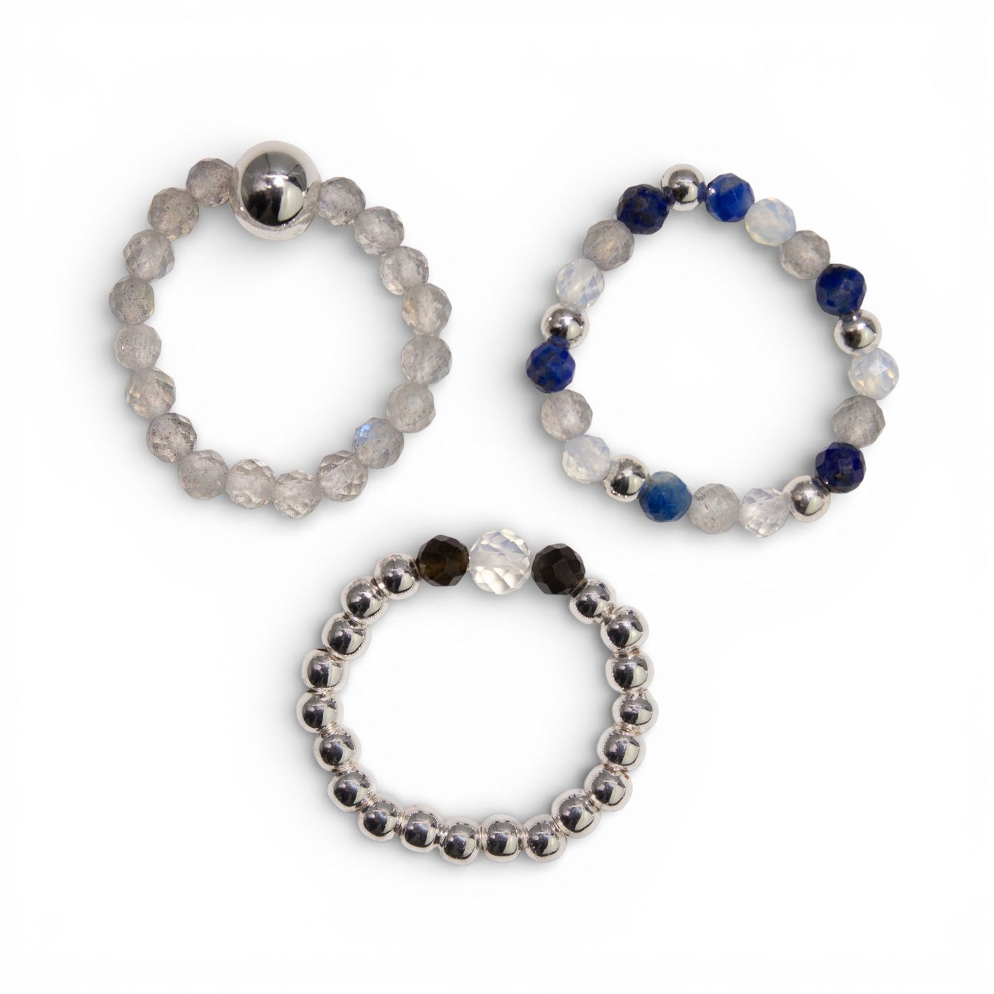 Conjunto de Anillos Auroras Boreales | Labradorita, Lapislázuli, Opalita y Obsidiana Negra | Anillos Elásticos de Piedras Naturales