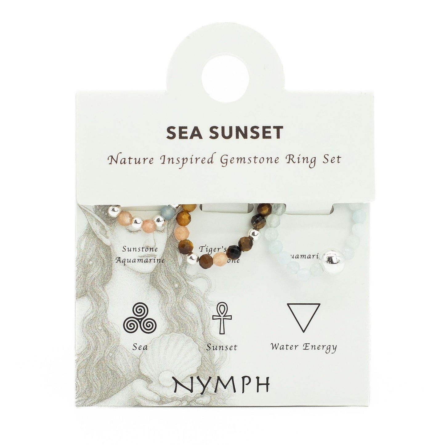Conjunto de Anillos Puesta de sol marina | Aventurina, Aguamarina y Ojo de Tigre | Anillos Elásticos de Piedras Naturales