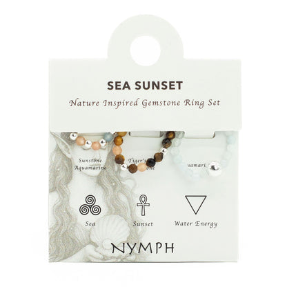Conjunto de Anillos Puesta de sol marina | Aventurina, Aguamarina y Ojo de Tigre | Anillos Elásticos de Piedras Naturales