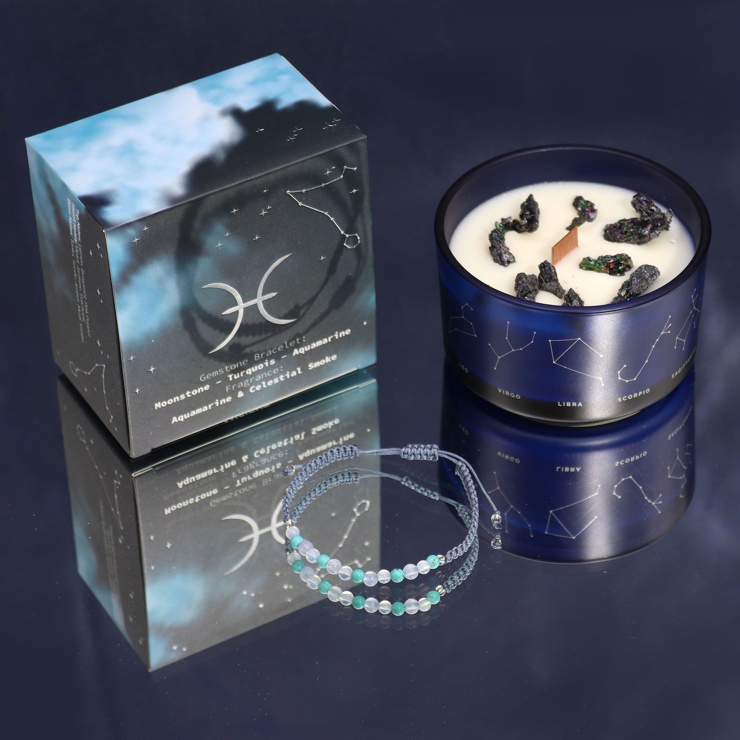 Vela de Cristal del Zodiaco con Pulsera de Piedras Naturales – Piscis