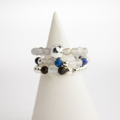 Conjunto de Anillos Auroras Boreales | Labradorita, Lapislázuli, Opalita y Obsidiana Negra | Anillos Elásticos de Piedras Naturales