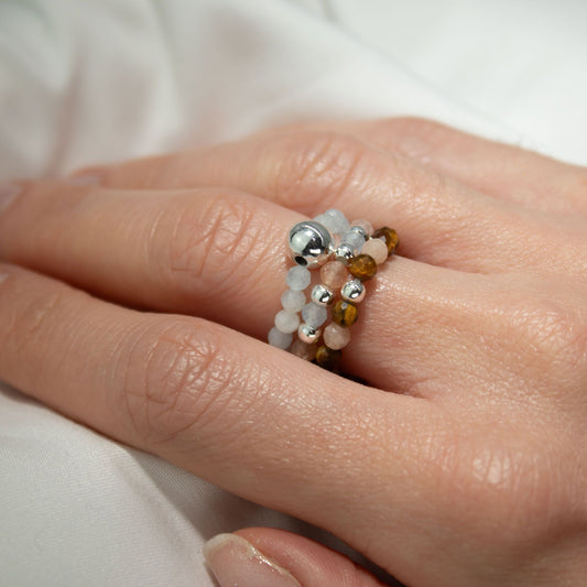 Conjunto de Anillos Puesta de sol marina | Aventurina, Aguamarina y Ojo de Tigre | Anillos Elásticos de Piedras Naturales