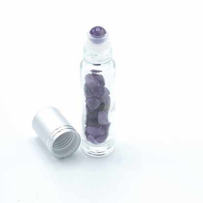 Botella Roll-On para Aceites Esenciales con Amatista – Tapa Plateada