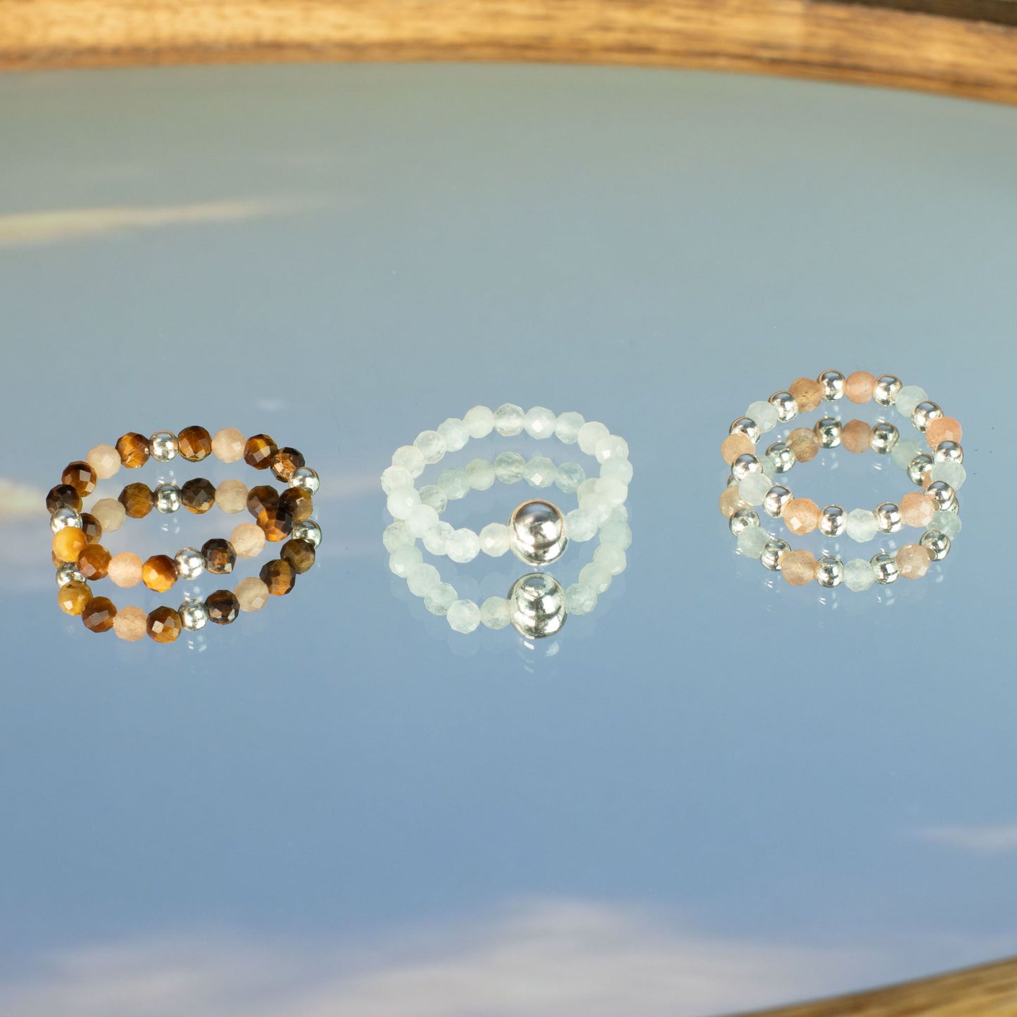 Conjunto de Anillos Puesta de sol marina | Aventurina, Aguamarina y Ojo de Tigre | Anillos Elásticos de Piedras Naturales
