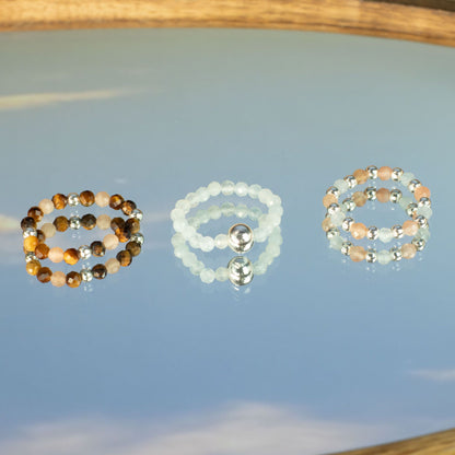 Conjunto de Anillos Puesta de sol marina | Aventurina, Aguamarina y Ojo de Tigre | Anillos Elásticos de Piedras Naturales