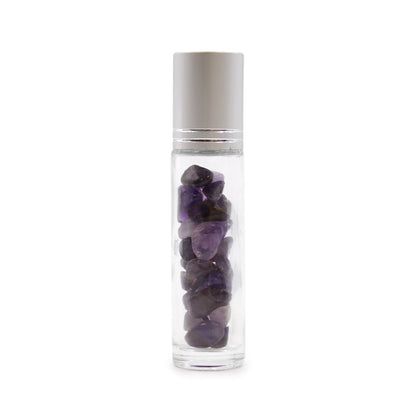 Botella Roll-On para Aceites Esenciales con Amatista – Tapa Plateada