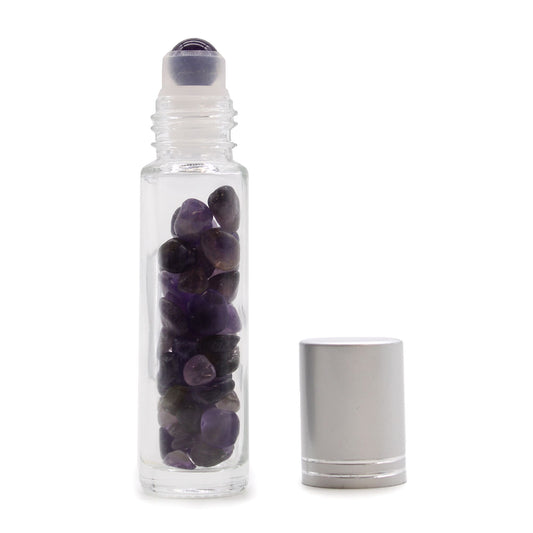 Botella Roll-On para Aceites Esenciales con Amatista – Tapa Plateada