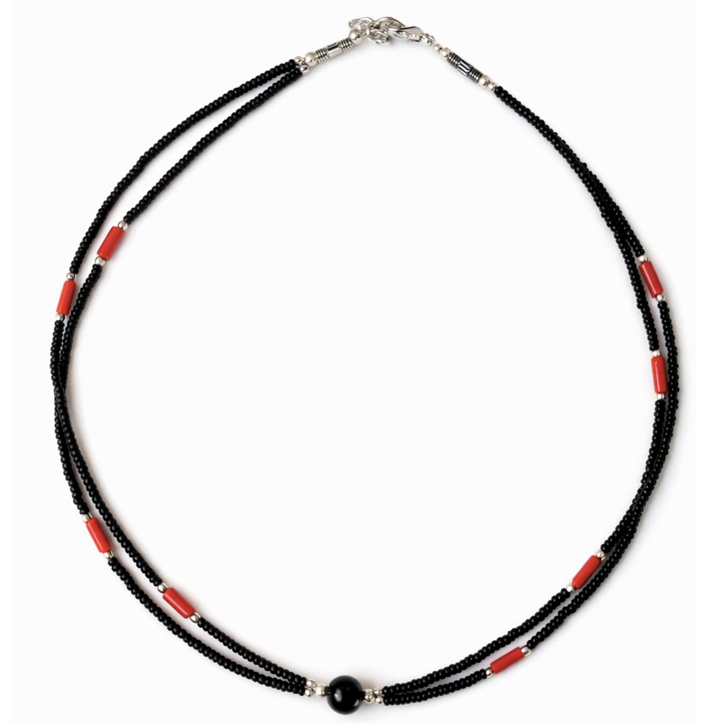 Collar Nepalí Extrafino Dos Líneas · Ónix Negro & Coral | Joya de Fuerza y Vitalidad