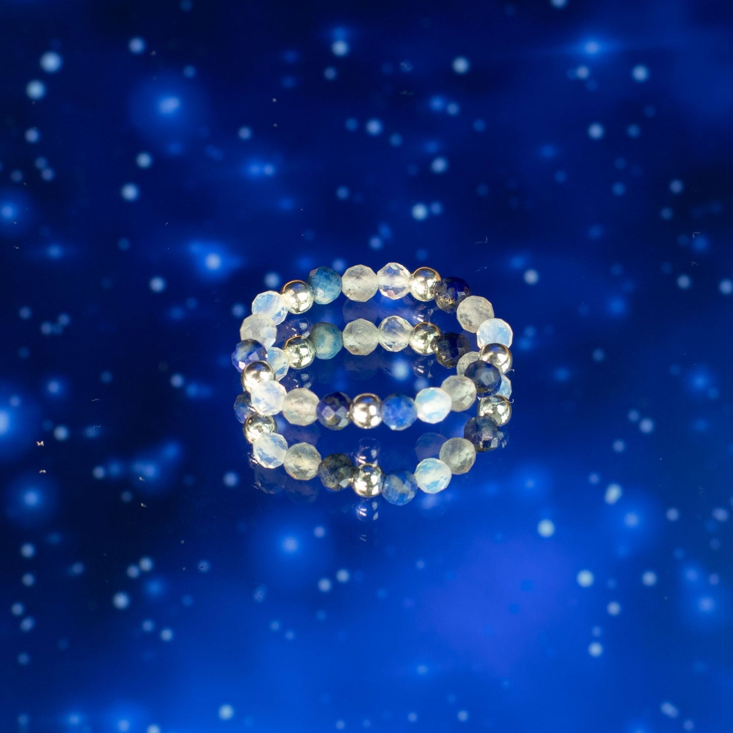 Conjunto de Anillos Auroras Boreales | Labradorita, Lapislázuli, Opalita y Obsidiana Negra | Anillos Elásticos de Piedras Naturales