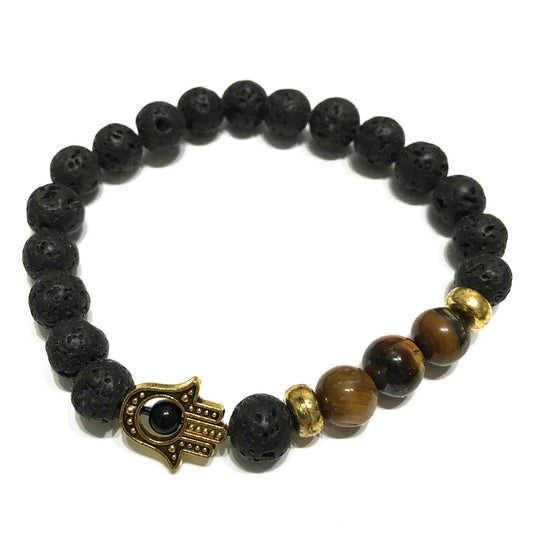 Pulsera de Piedra de Lava con Hamsa y Ojo de Tigre – Protección y Equilibrio