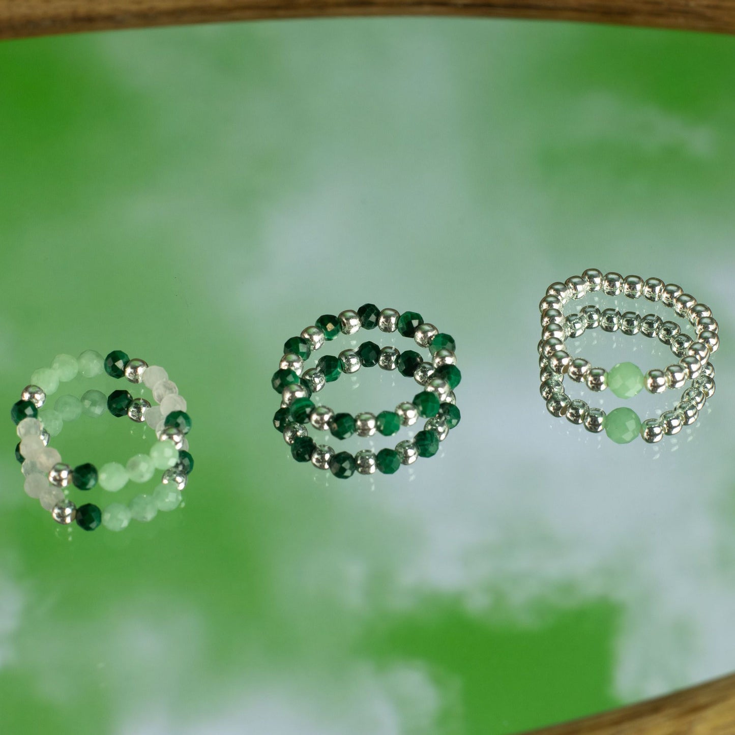 Conjunto de Anillos Espiritu del bosque| Aventurina, Malaquita y Cuarzo Rosa | Anillos Elásticos de Piedras Naturales