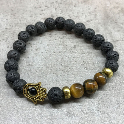 Pulsera de Piedra de Lava con Hamsa y Ojo de Tigre – Protección y Equilibrio