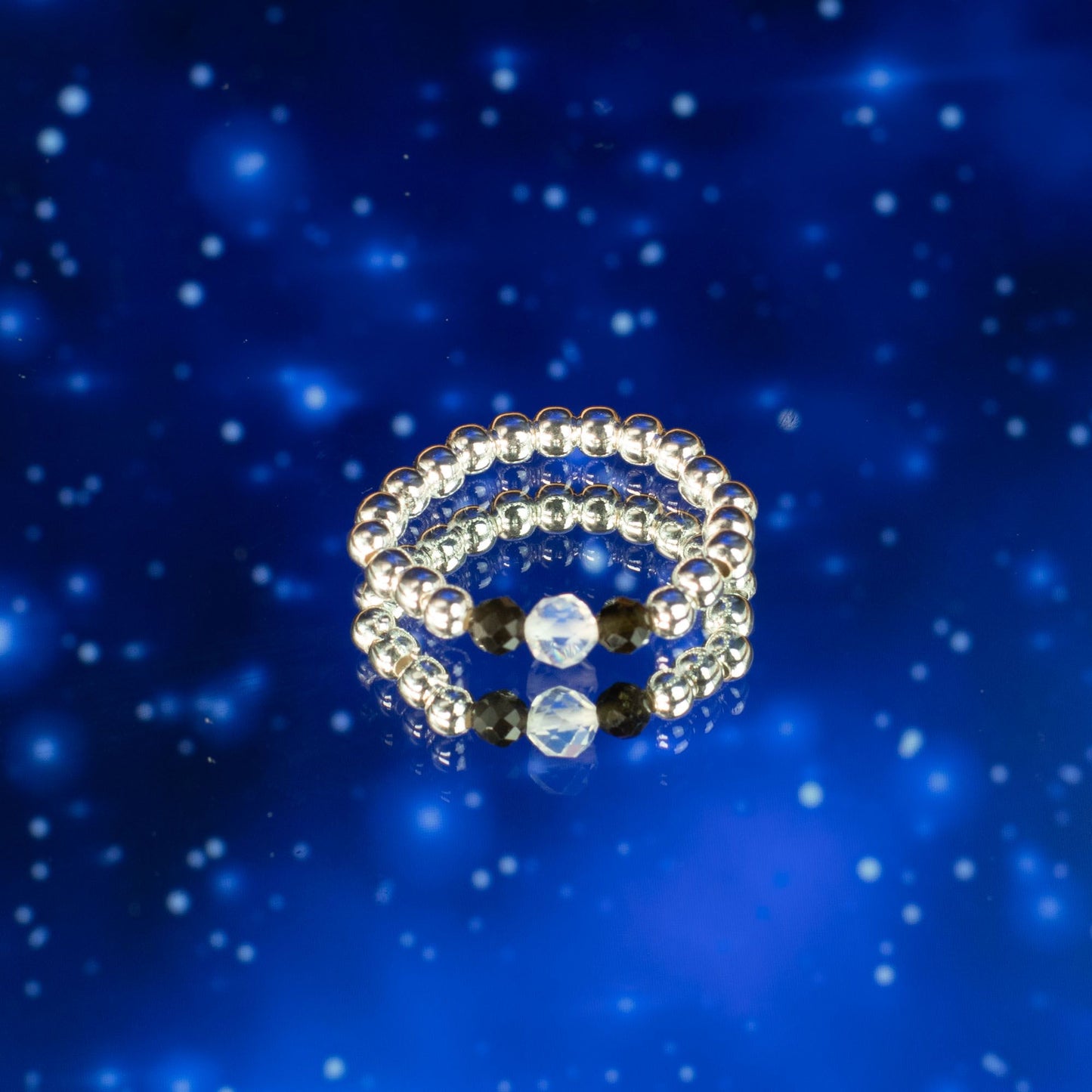 Conjunto de Anillos Auroras Boreales | Labradorita, Lapislázuli, Opalita y Obsidiana Negra | Anillos Elásticos de Piedras Naturales
