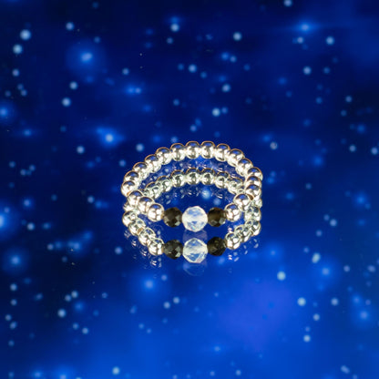 Conjunto de Anillos Auroras Boreales | Labradorita, Lapislázuli, Opalita y Obsidiana Negra | Anillos Elásticos de Piedras Naturales