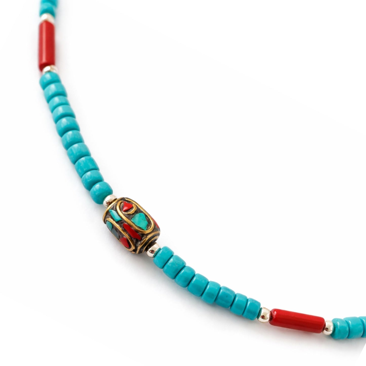 Conjunto Nepalí con cuentas tribales turquesa y coralita - (50 cm) y pulsera - (17 cm) conjunto