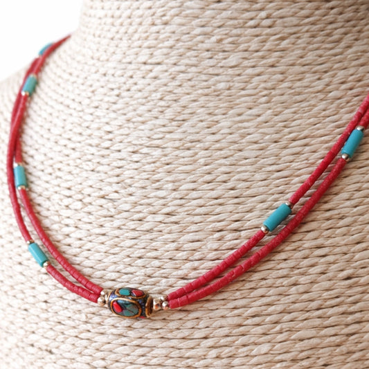 Collar Nepalí Extrafino Dos Líneas · Rosa & Turquesa | Joya de Amor y Protección