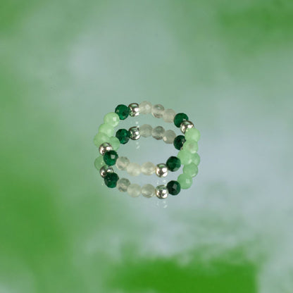 Conjunto de Anillos Espiritu del bosque| Aventurina, Malaquita y Cuarzo Rosa | Anillos Elásticos de Piedras Naturales