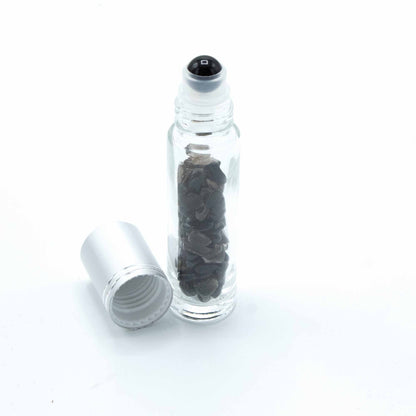 Botella Roll-On con Turmalina Negra – Aceite Esencial de Protección Energética (Chakra Raíz)