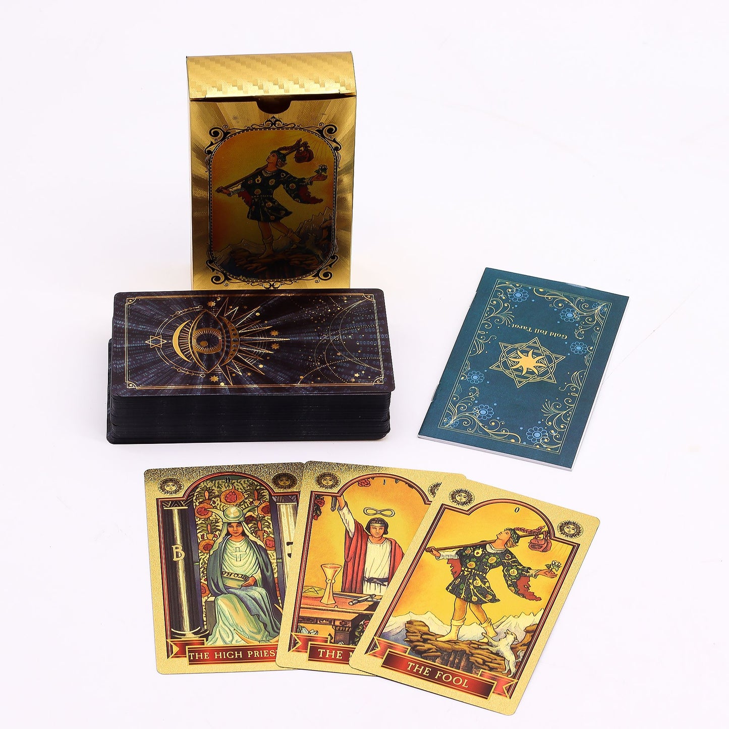 Conjunto de cartas de tarot azul y dorado - Ojo que todo lo ve - con folleto