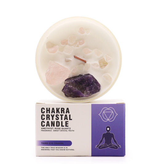 Vela de Cristal de Chakra Tercer Ojo – Vela Energética con Amatista y Cuarzo Rosa