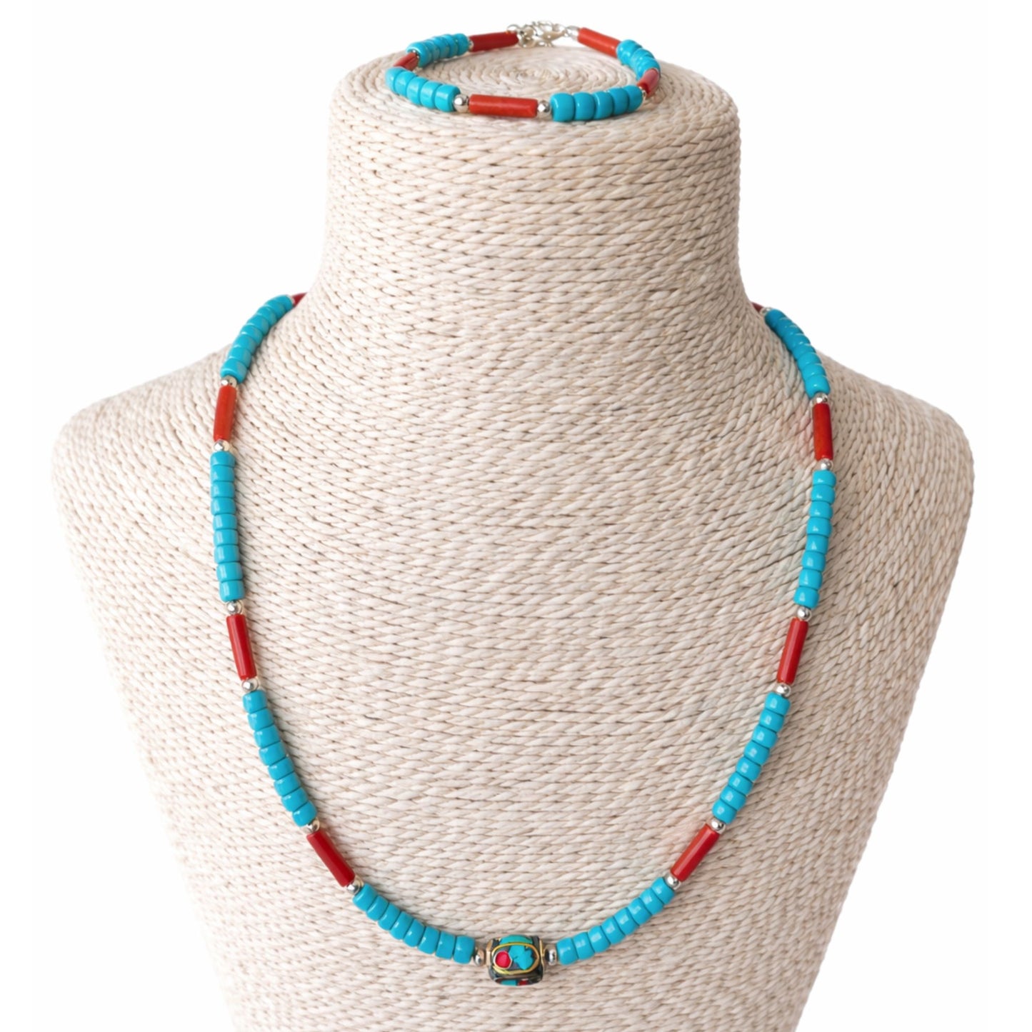 Conjunto Nepalí con cuentas tribales turquesa y coralita - (50 cm) y pulsera - (17 cm) conjunto