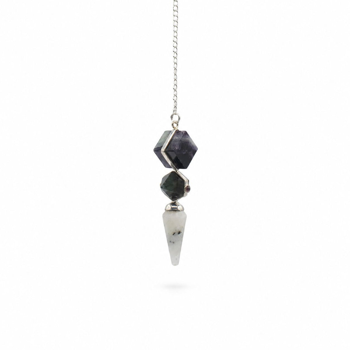 Péndulo de Tres Piezas - Fluorita, Labradorita y Piedra Luna