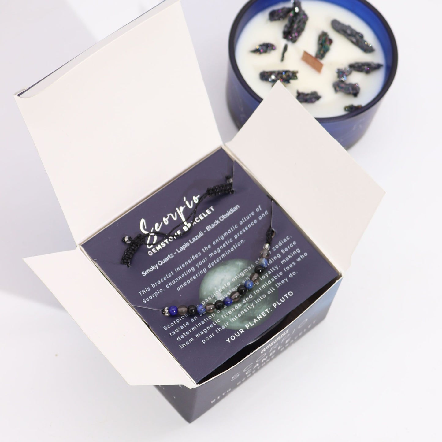 Vela de Cristal del Zodiaco con Pulsera de Piedras Naturales – Escorpio