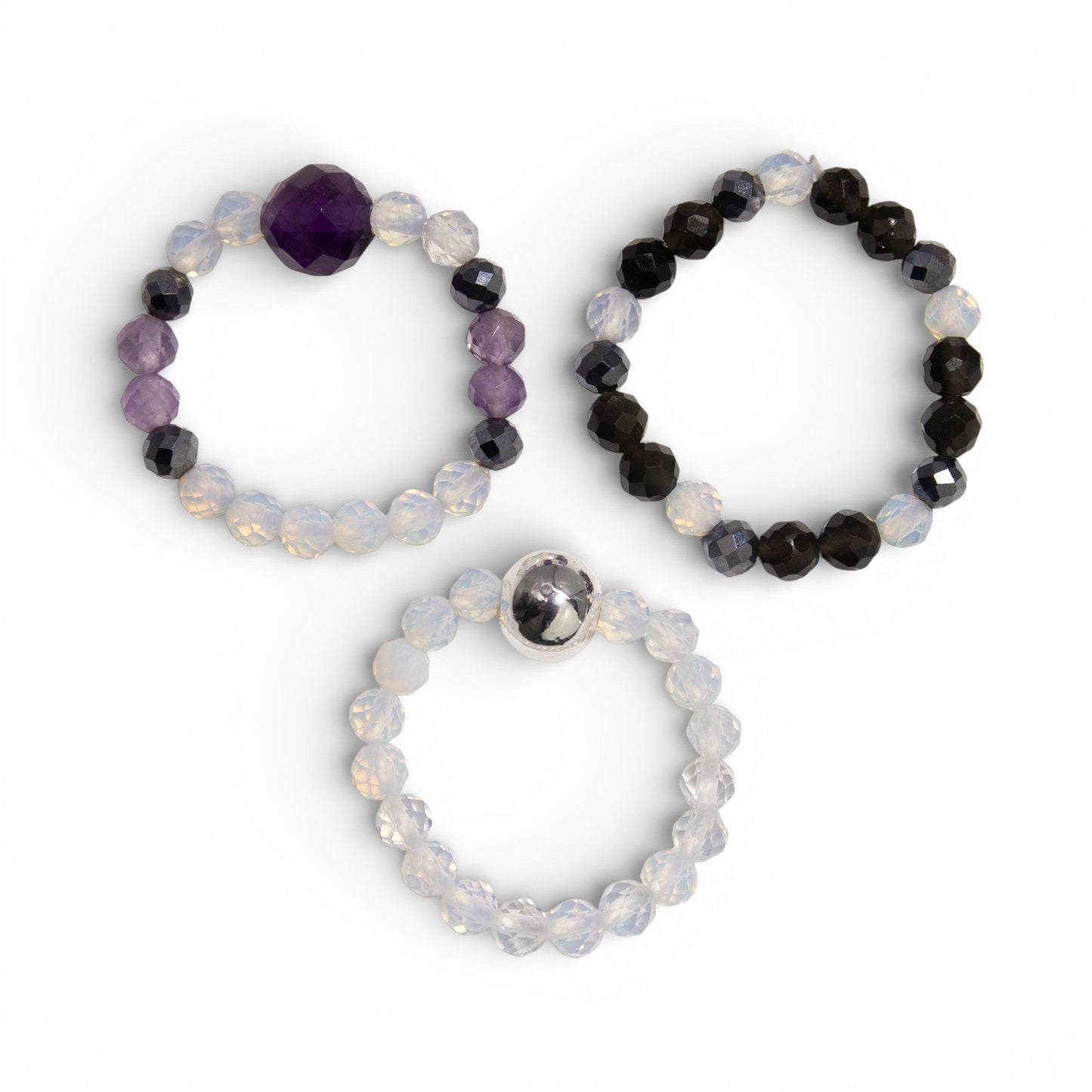 Conjunto de Anillos Luna Llena  Piedra Lunar, Obsidiana Negra y Amatista