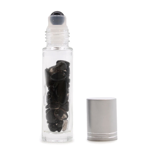 Botella Roll-On con Turmalina Negra – Aceite Esencial de Protección Energética (Chakra Raíz)