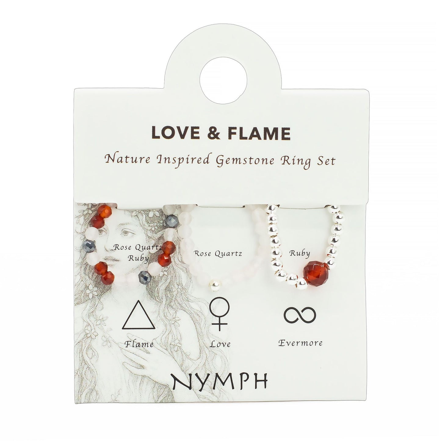 Conjunto de Anillos de Gema Espíritu Ninfa Amor y Fuego | Set de Anillos Ajustables con Piedras Naturales