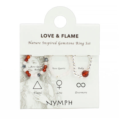 Conjunto de Anillos de Gema Espíritu Ninfa Amor y Fuego | Set de Anillos Ajustables con Piedras Naturales