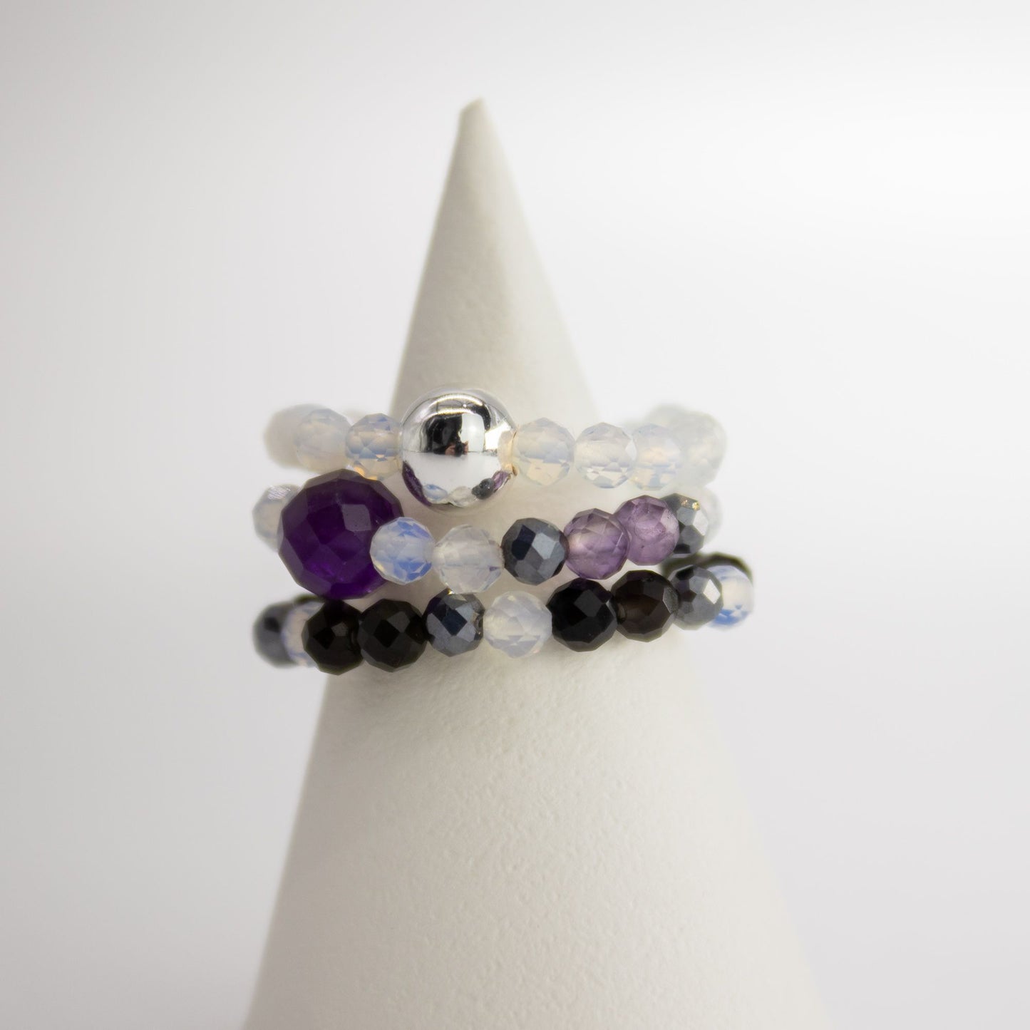 Conjunto de Anillos Luna Llena  Piedra Lunar, Obsidiana Negra y Amatista
