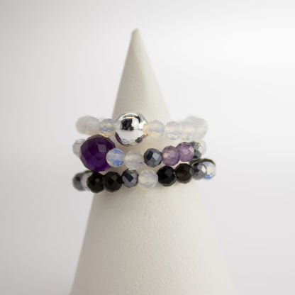 Conjunto de Anillos Luna Llena  Piedra Lunar, Obsidiana Negra y Amatista