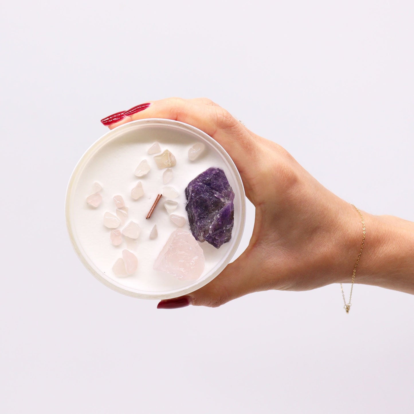 Vela de Cristal de Chakra Tercer Ojo – Vela Energética con Amatista y Cuarzo Rosa